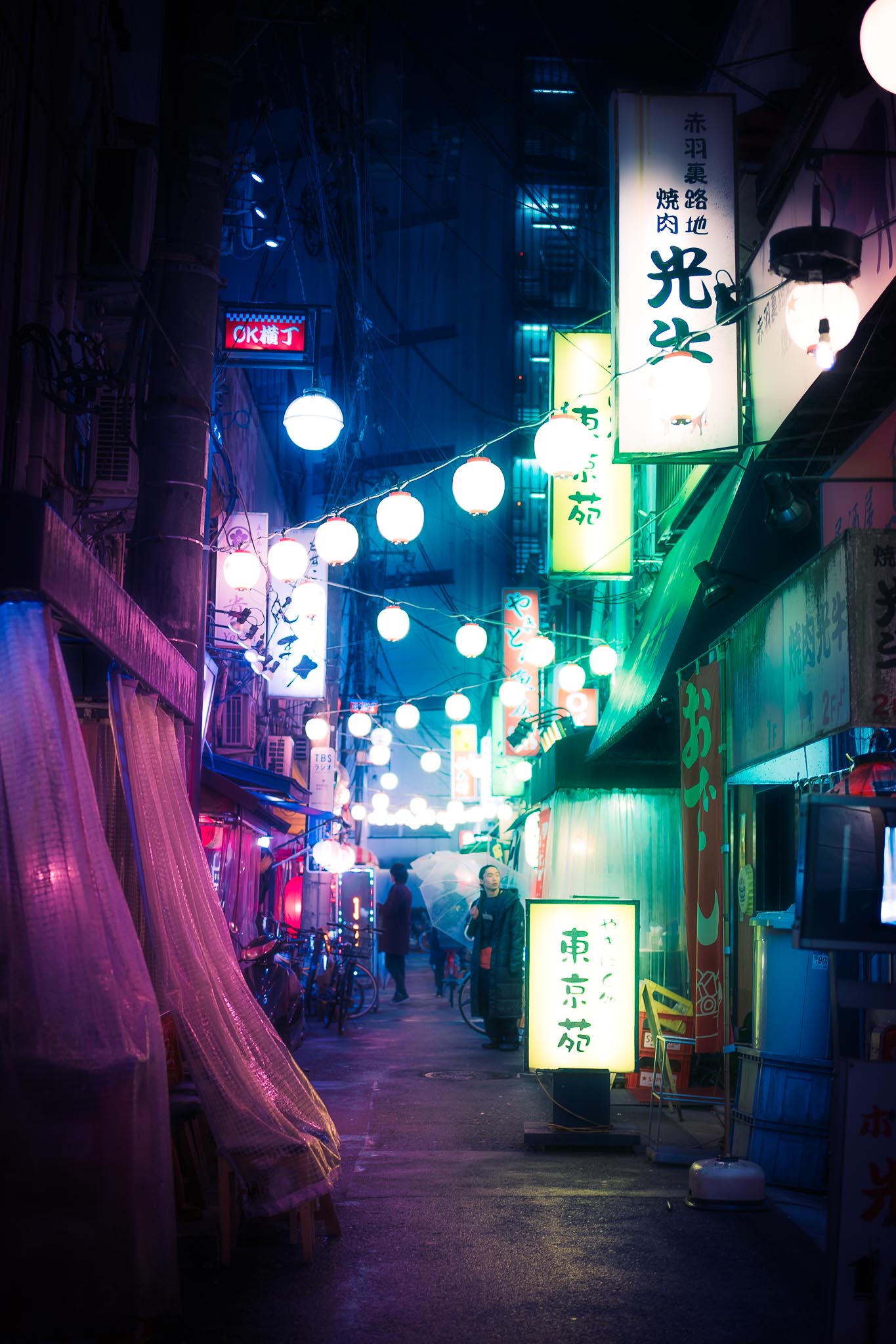 Akabane izakaya alley at night — neon and paper lanterns Tokyo street photography