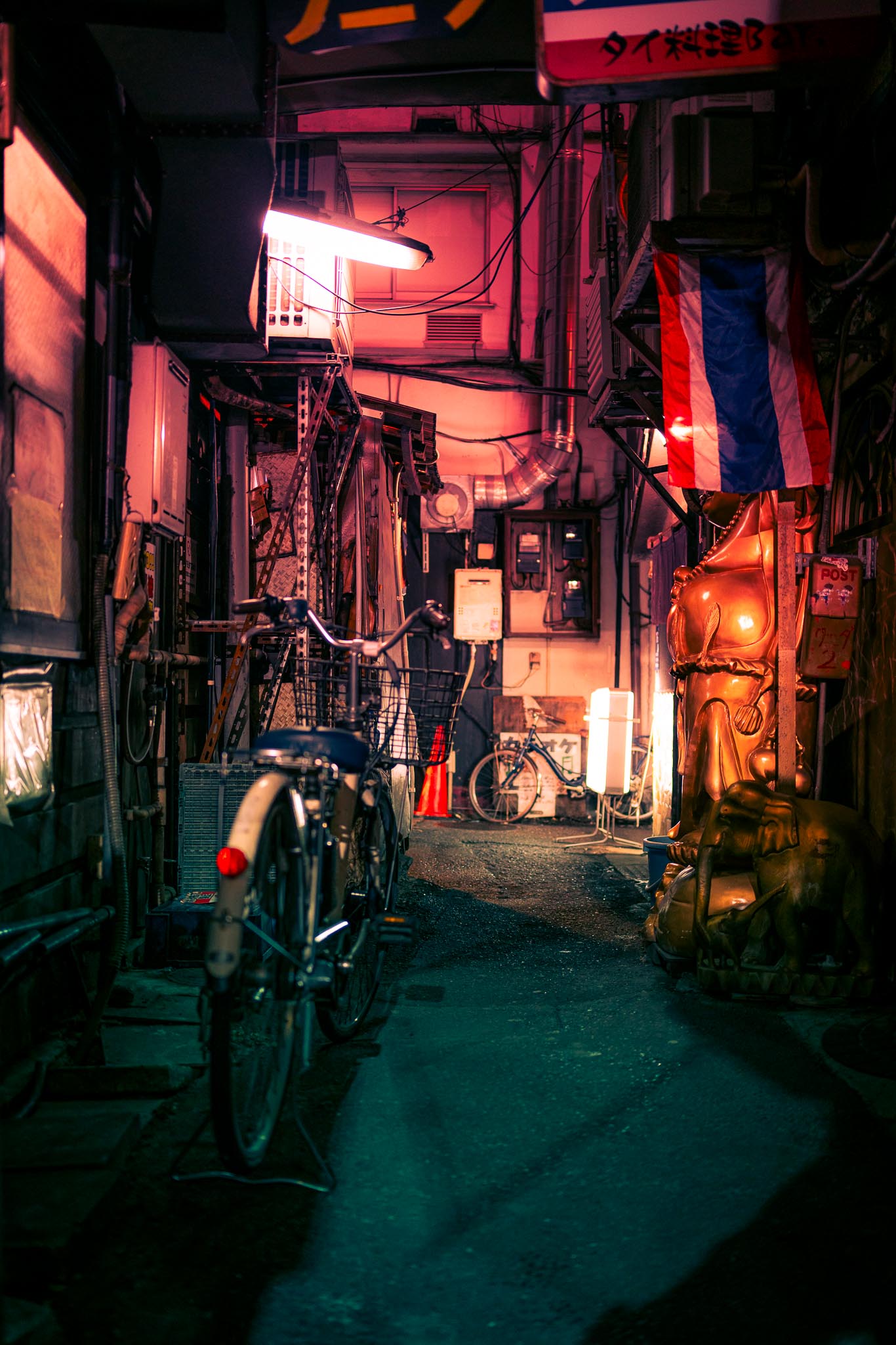 Akabane back alley at night — bicycle and neon Tokyo street photography