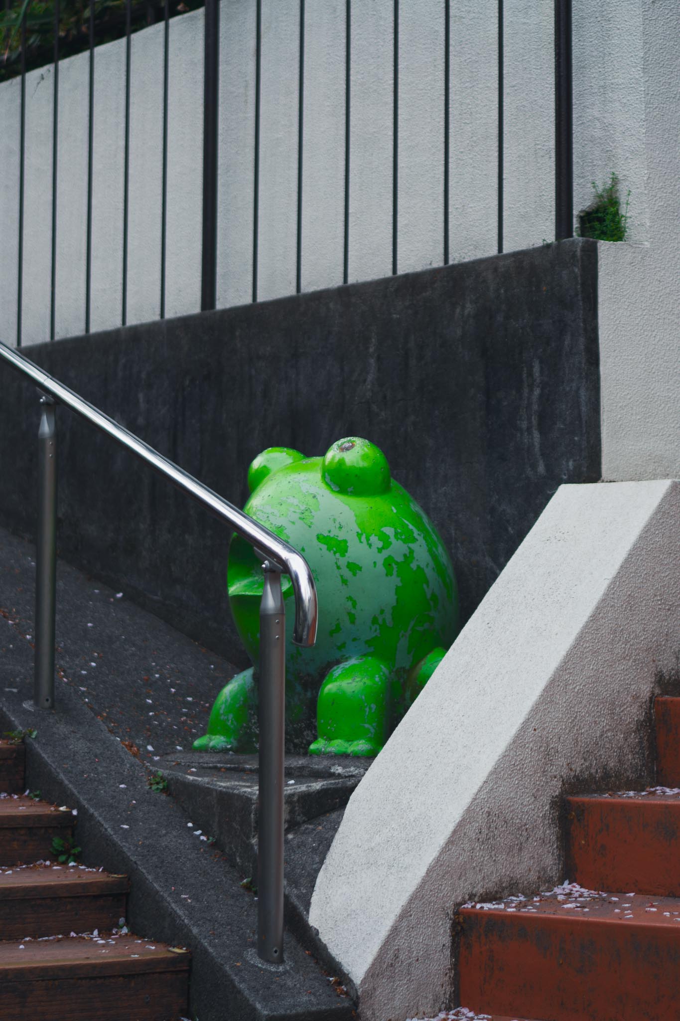 Akasaka Tokyo — green frog sculpture at Hie Shrine steps