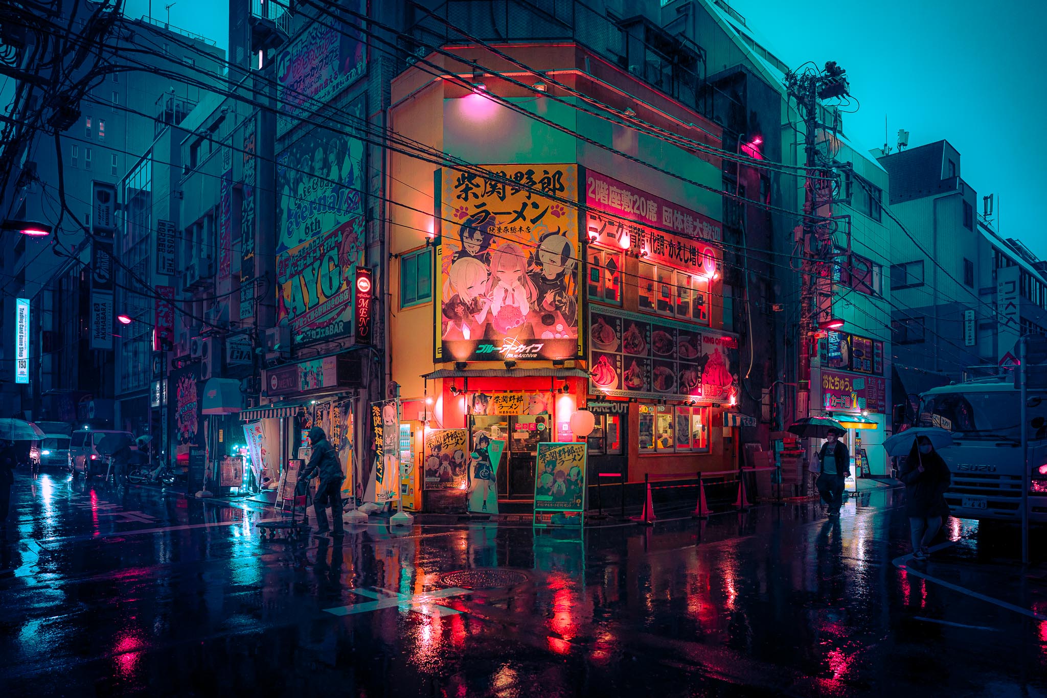 Akihabara rainy night — ramen corner neon reflections Tokyo street photography