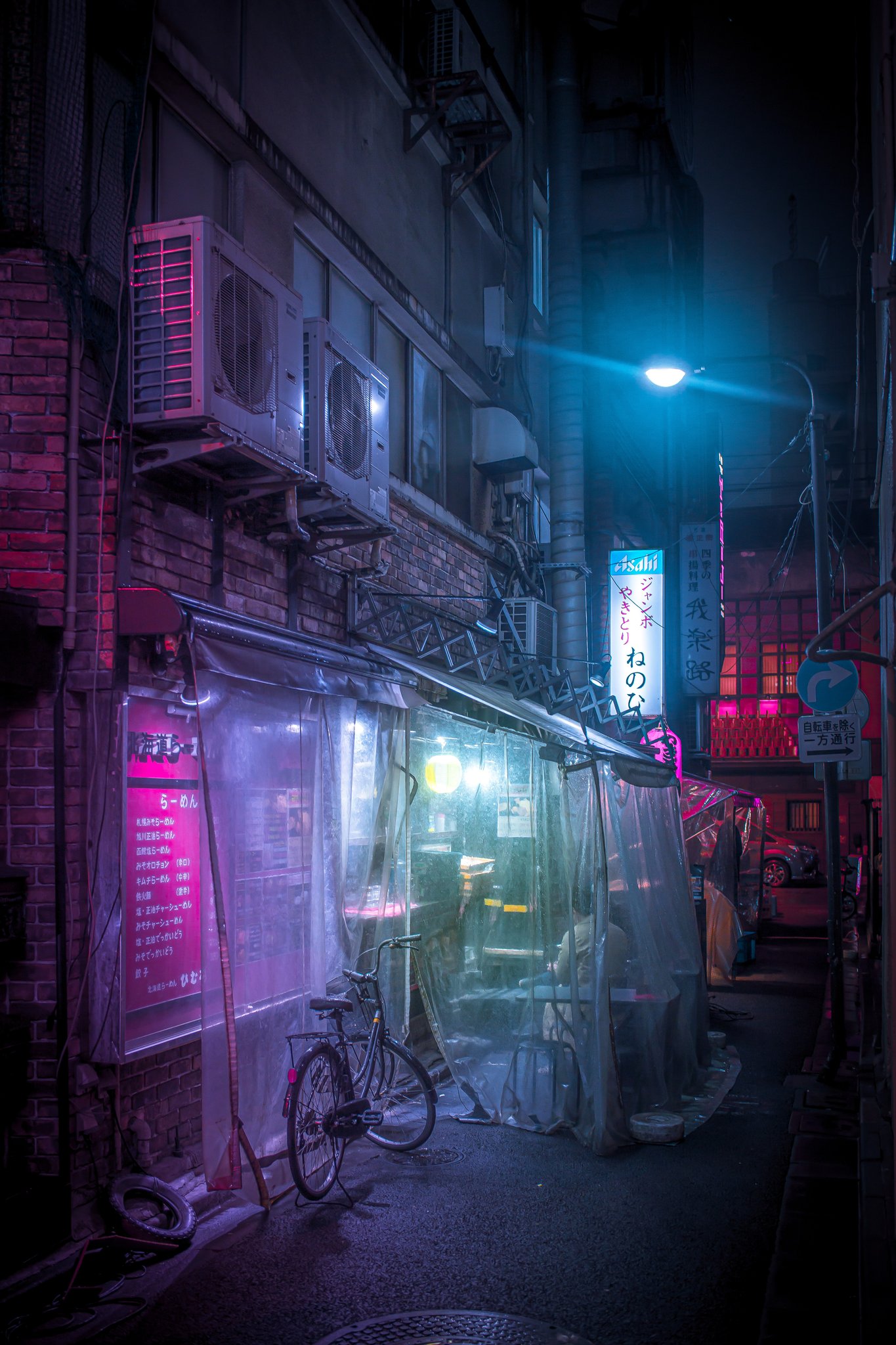 Shimokitazawa night alley — Tokyo street photography bike moody