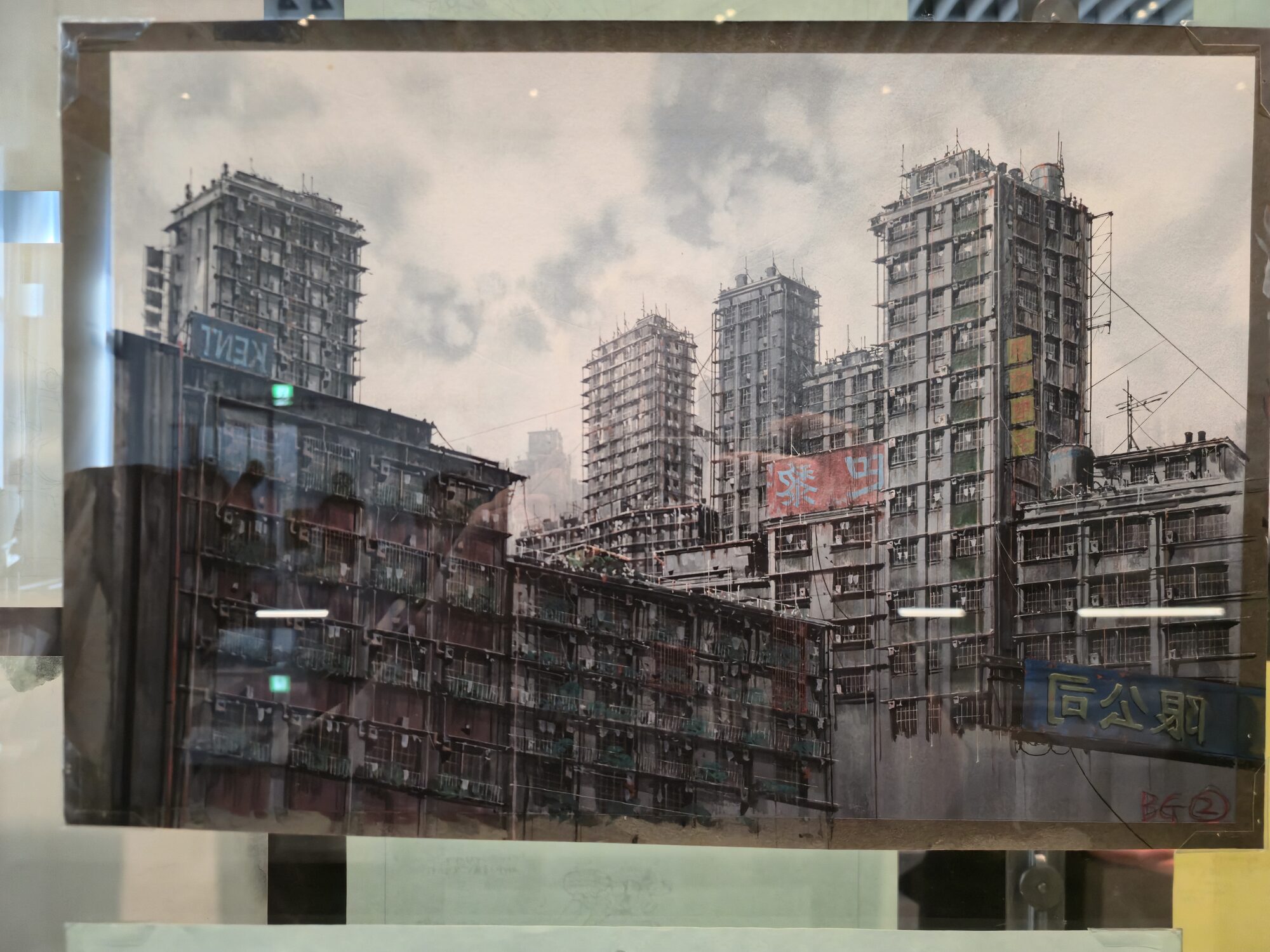 Original 1995 Ghost in the Shell film background painting — dense cityscape with brutalist towers and Chinese signage