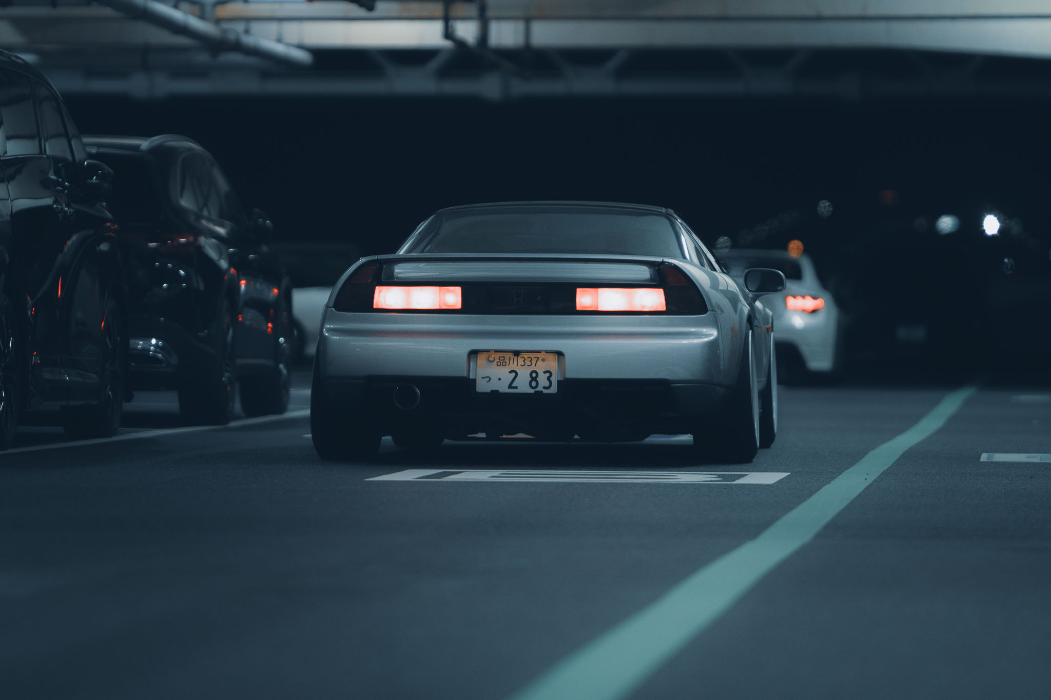 Honda NSX NA1 silver rear at night — Umi Hotaru JDM car meet Tokyo Bay