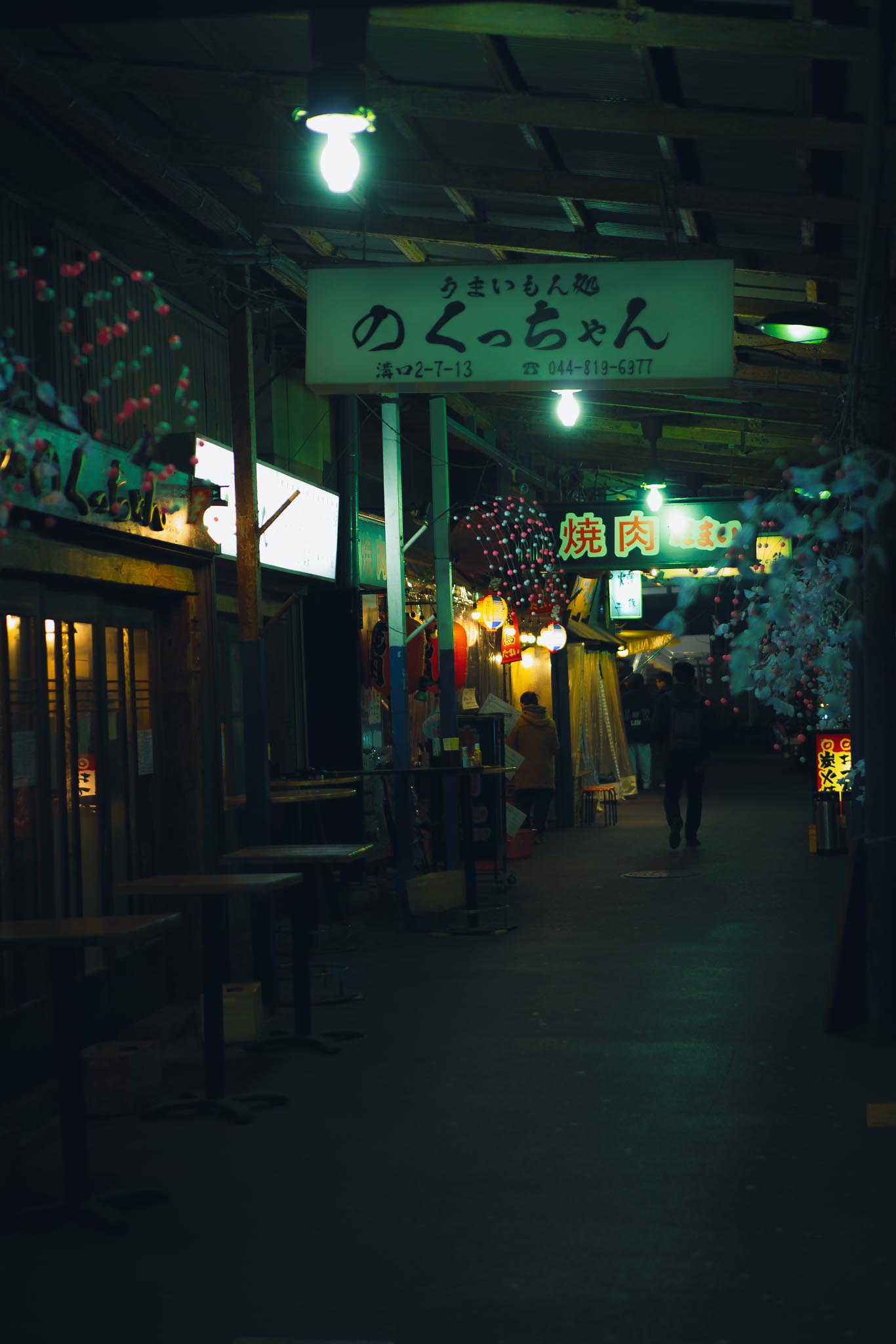 Covered izakaya alley at night in Mizonokuchi with green neon and paper lanterns
