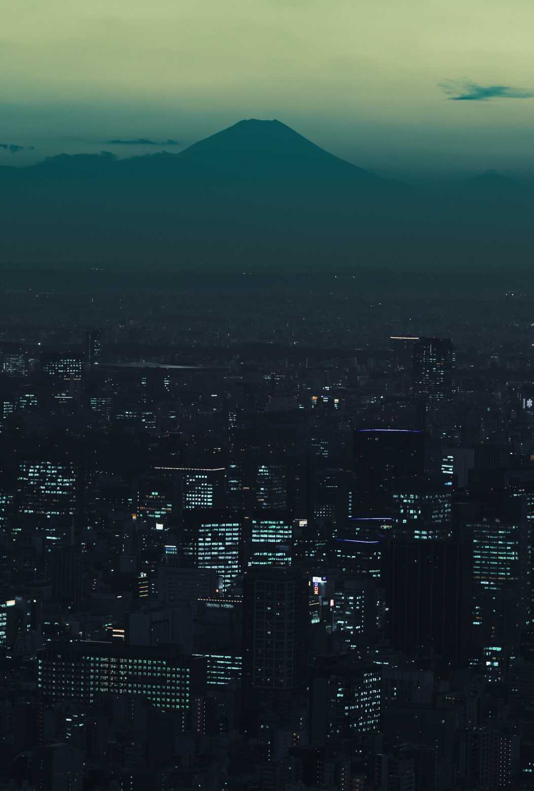 Tokyo dusk skyline — moody teal cityscape street photography