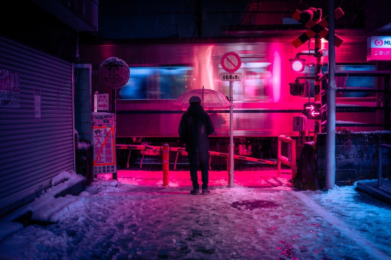 Tokyo neon and snow at night — Shinjuku winter street photography