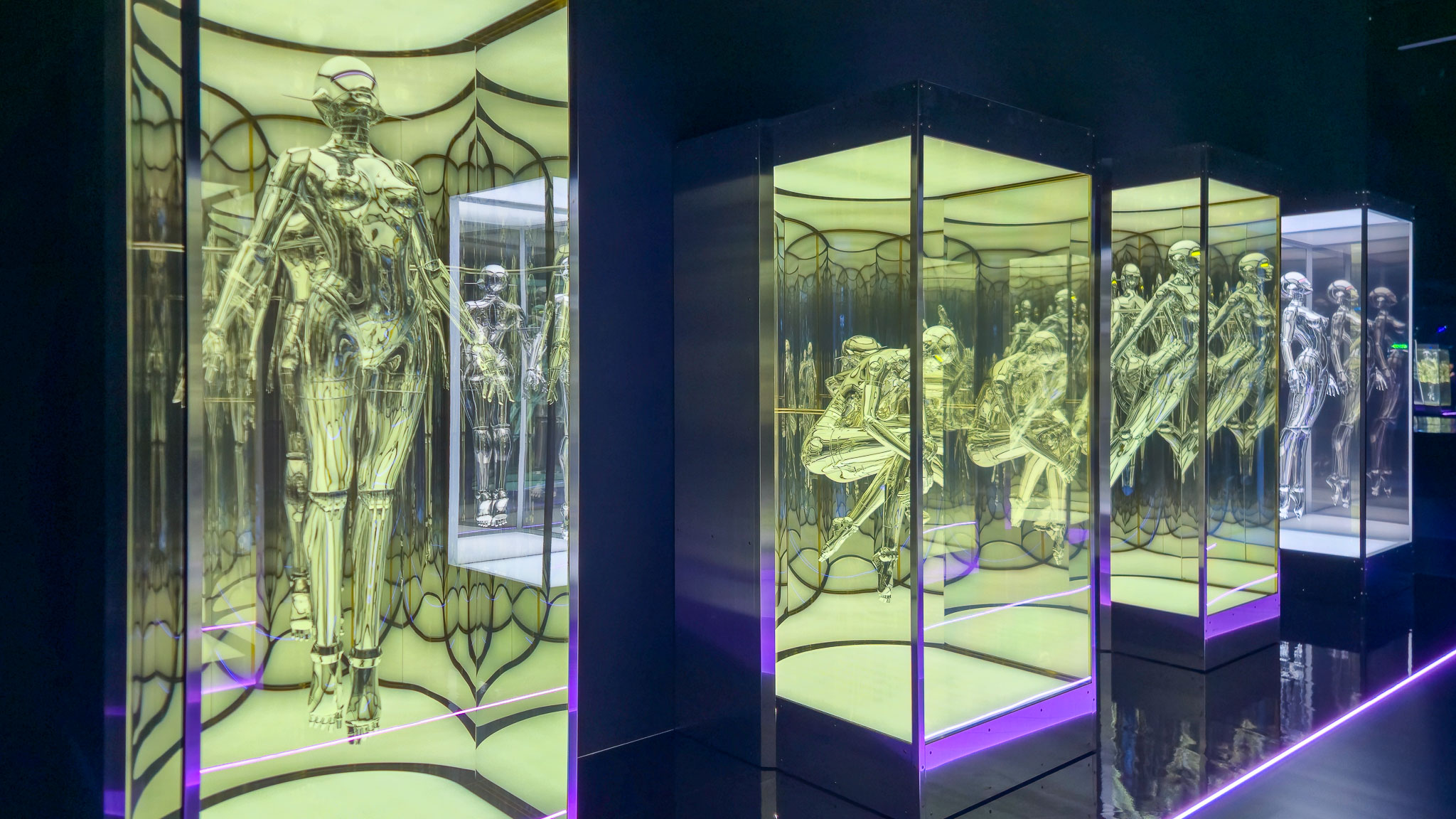 Sorayama illuminated robot display cases — Creative Museum Tokyo