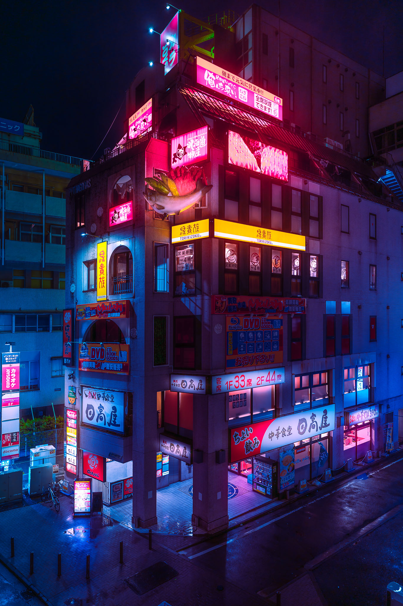 Illuminated izakaya building corner in Tachikawa, Tokyo, with Torikizoku and Hidakaya signage lit in pink and blue at night