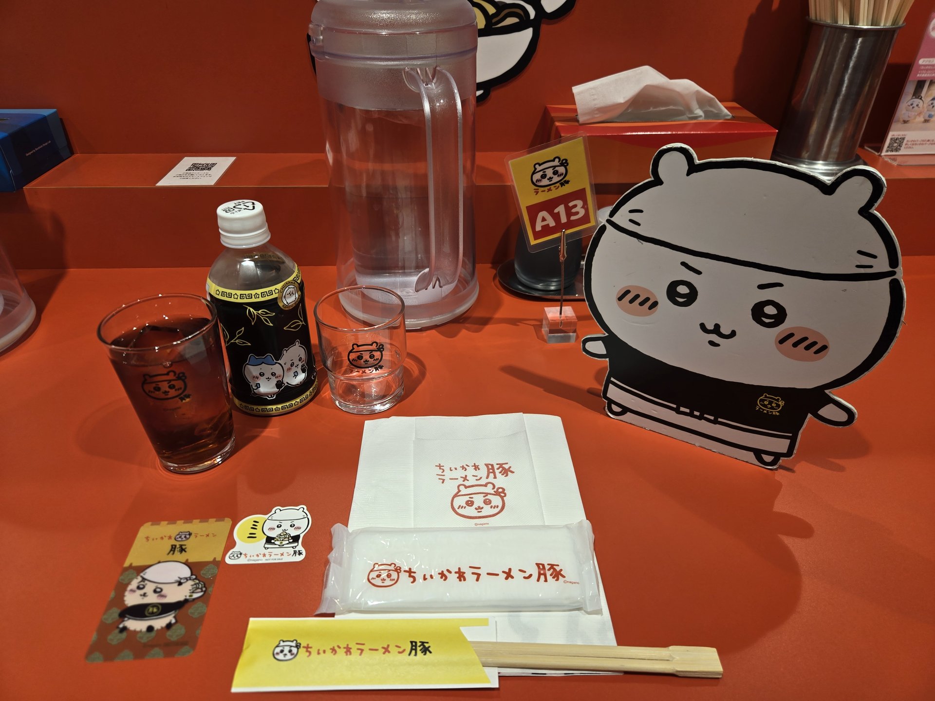 Chiikawa Ramen Ton table setting — branded chopsticks stickers oolong tea can Ikebukuro