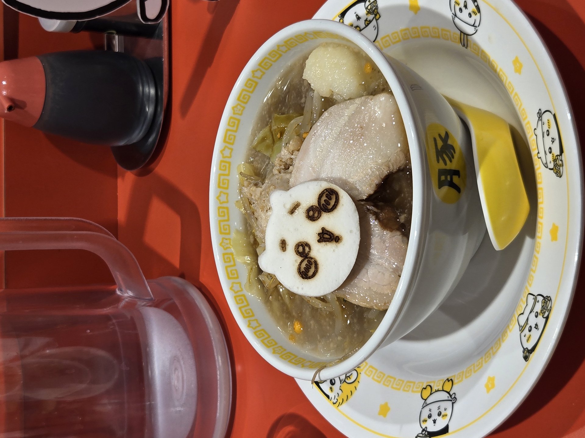 Chiikawa Ramen Ton ramen bowl — Jiro-style with Chiikawa kamaboko face thick noodles cabbage pork